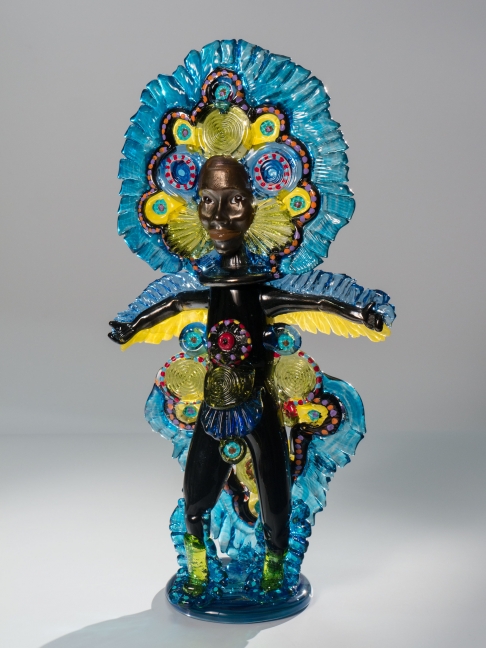 Blue and Green Mardi Gras Indian Queen by Teri Walker & Chad Ridgeway | Hand sculpted hot glass Blue and Green Mardi Gras Indian Queen
